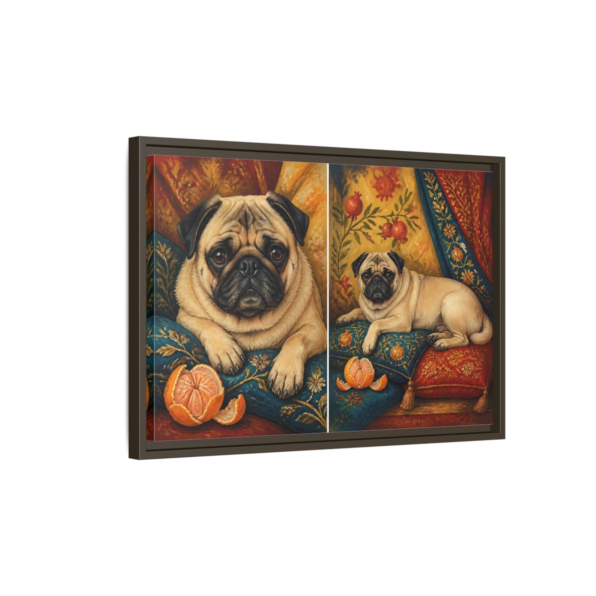 Side Mockup 2. Regal Pug On Pillows shown as framed canvas print