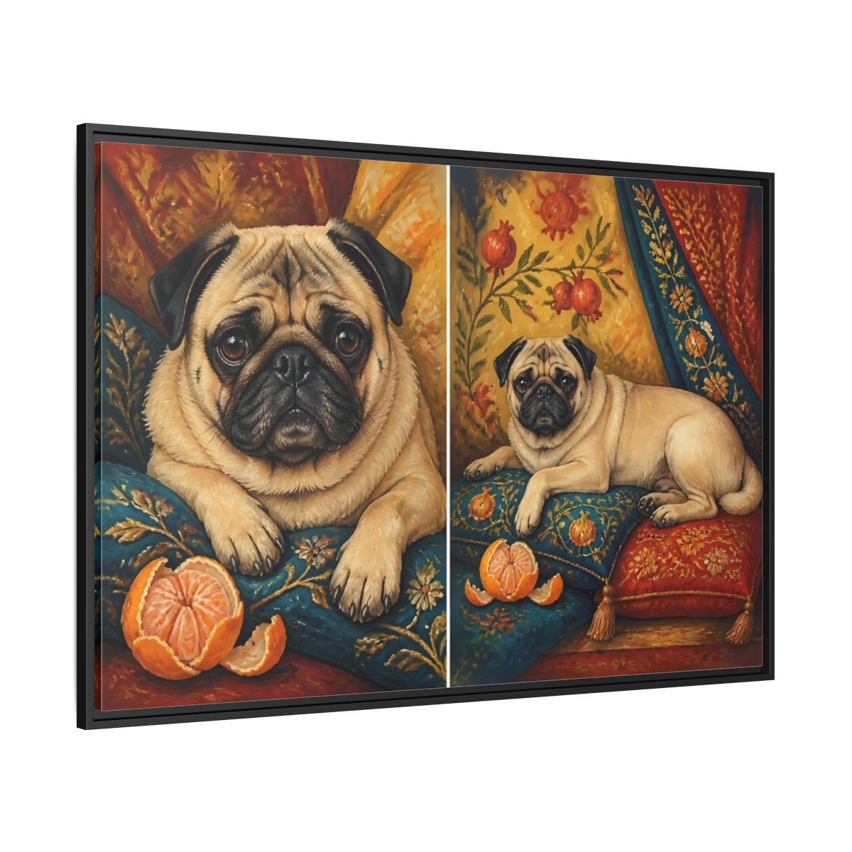 Side Mockup 12. Regal Pug On Pillows shown as framed canvas print
