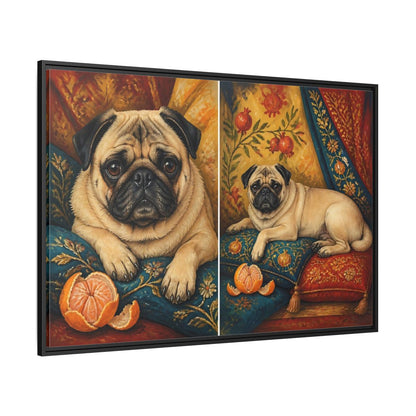 Side Mockup 12. Regal Pug On Pillows shown as framed canvas print