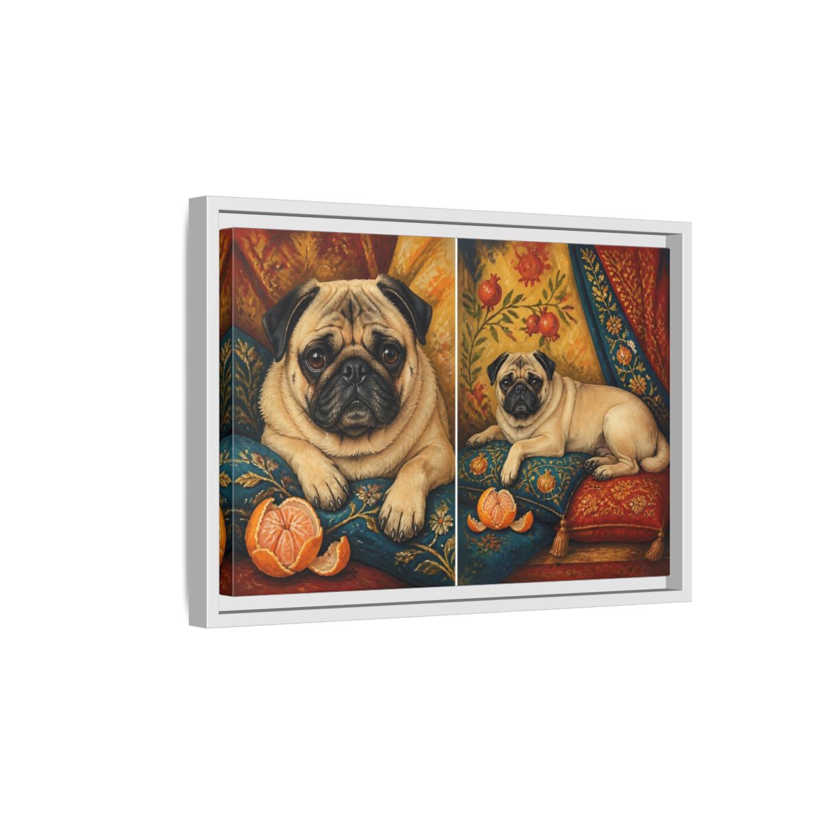 Side Mockup 4. Regal Pug On Pillows shown as framed canvas print