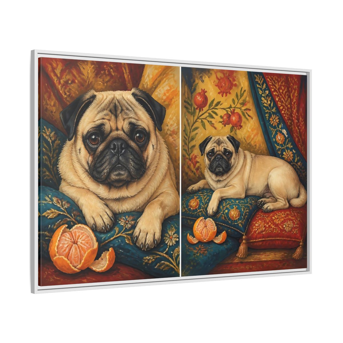 Side Mockup 7. Regal Pug On Pillows shown as framed canvas print