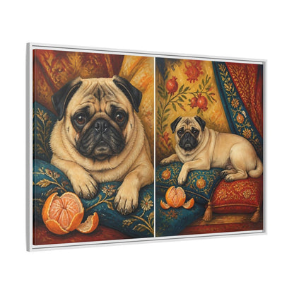 Side Mockup 7. Regal Pug On Pillows shown as framed canvas print