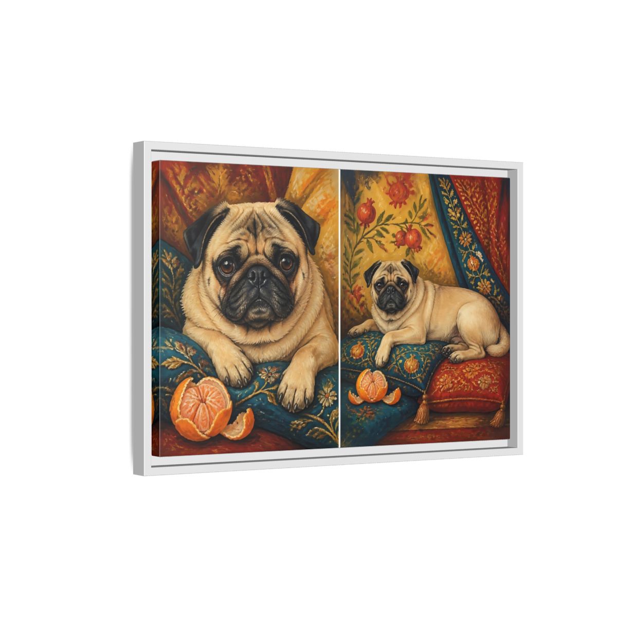 Side Mockup 1. Regal Pug On Pillows shown as framed canvas print