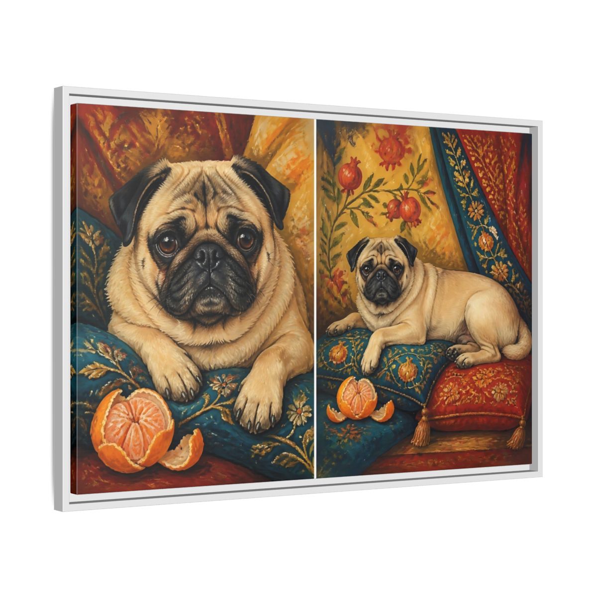 Side Mockup 9. Regal Pug On Pillows shown as framed canvas print