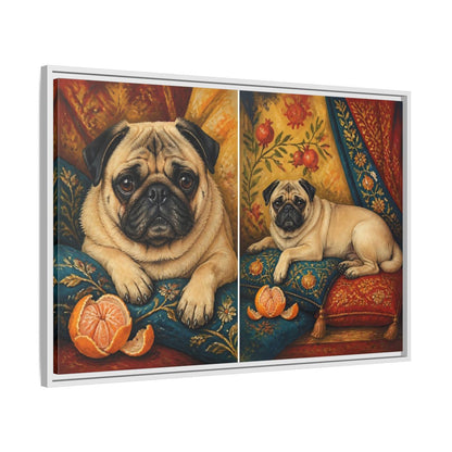 Side Mockup 9. Regal Pug On Pillows shown as framed canvas print