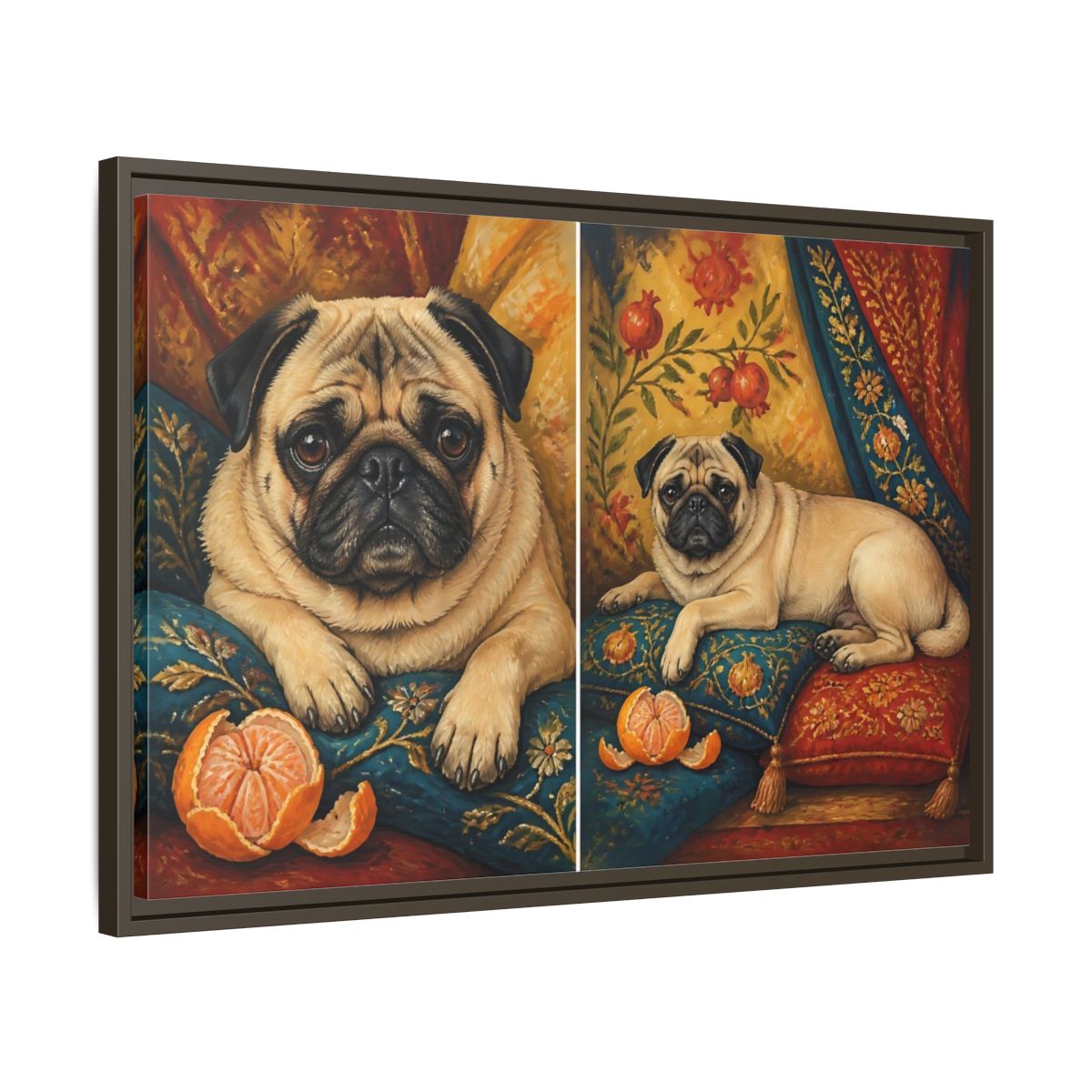 Side Mockup 11. Regal Pug On Pillows shown as framed canvas print