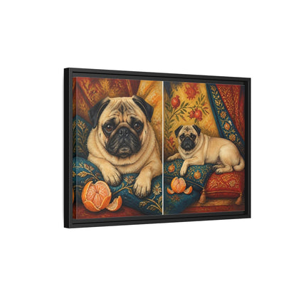 Side Mockup 3. Regal Pug On Pillows shown as framed canvas print