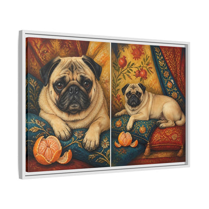 Side Mockup 10. Regal Pug On Pillows shown as framed canvas print