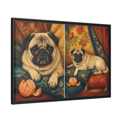 Side Mockup 13. Regal Pug On Pillows shown as framed canvas print