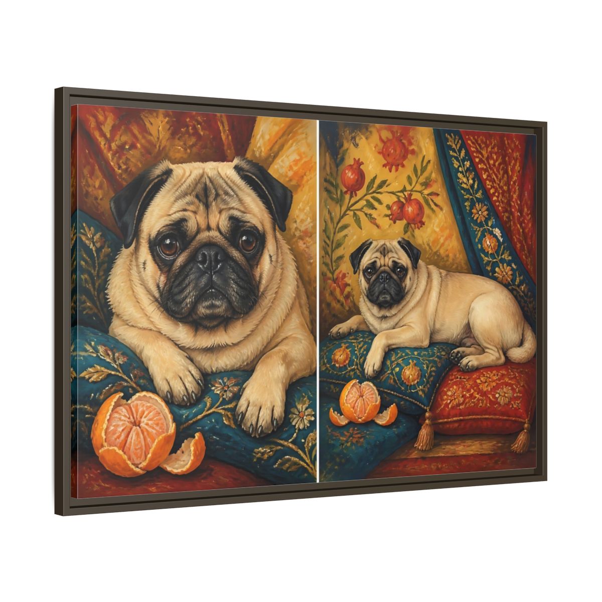 Main Mockup. Regal Pug On Pillows shown as framed canvas print