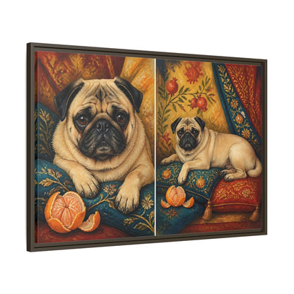 Main Mockup. Regal Pug On Pillows shown as framed canvas print