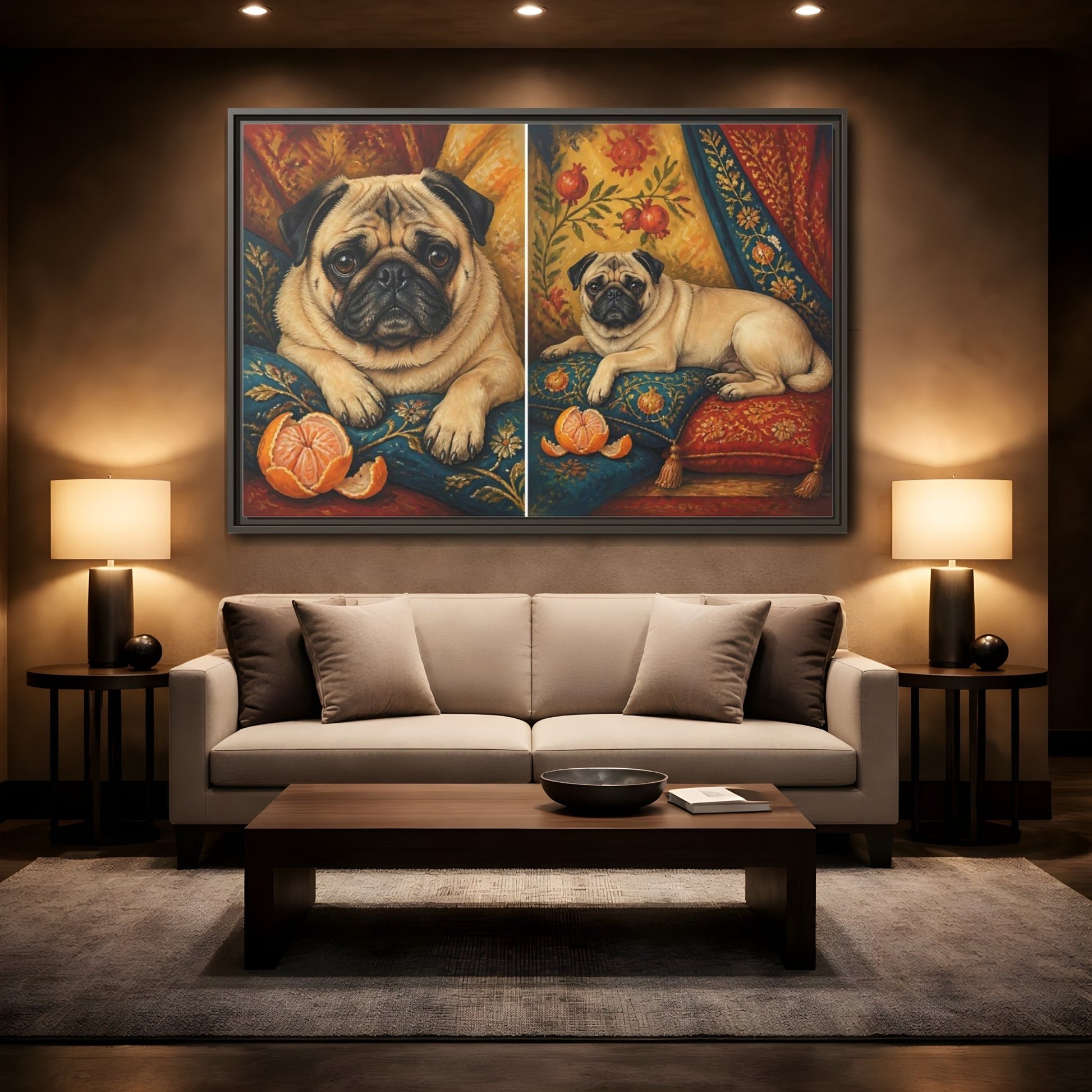 Mockup 2. Regal Pug On Pillows shown as framed canvas print