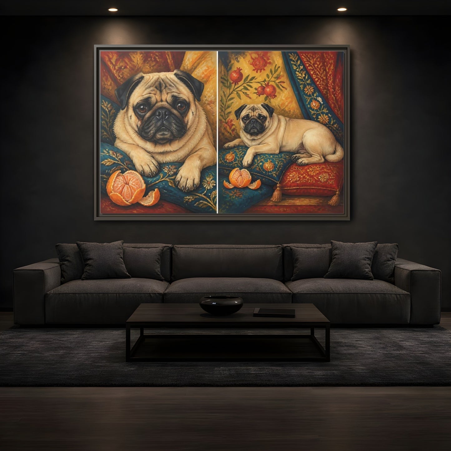 Mockup 3. Regal Pug On Pillows shown as framed canvas print