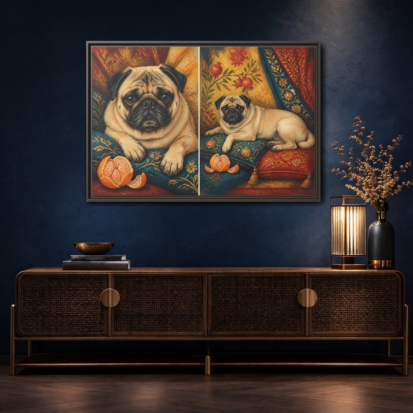 Mockup 4. Regal Pug On Pillows shown as framed canvas print