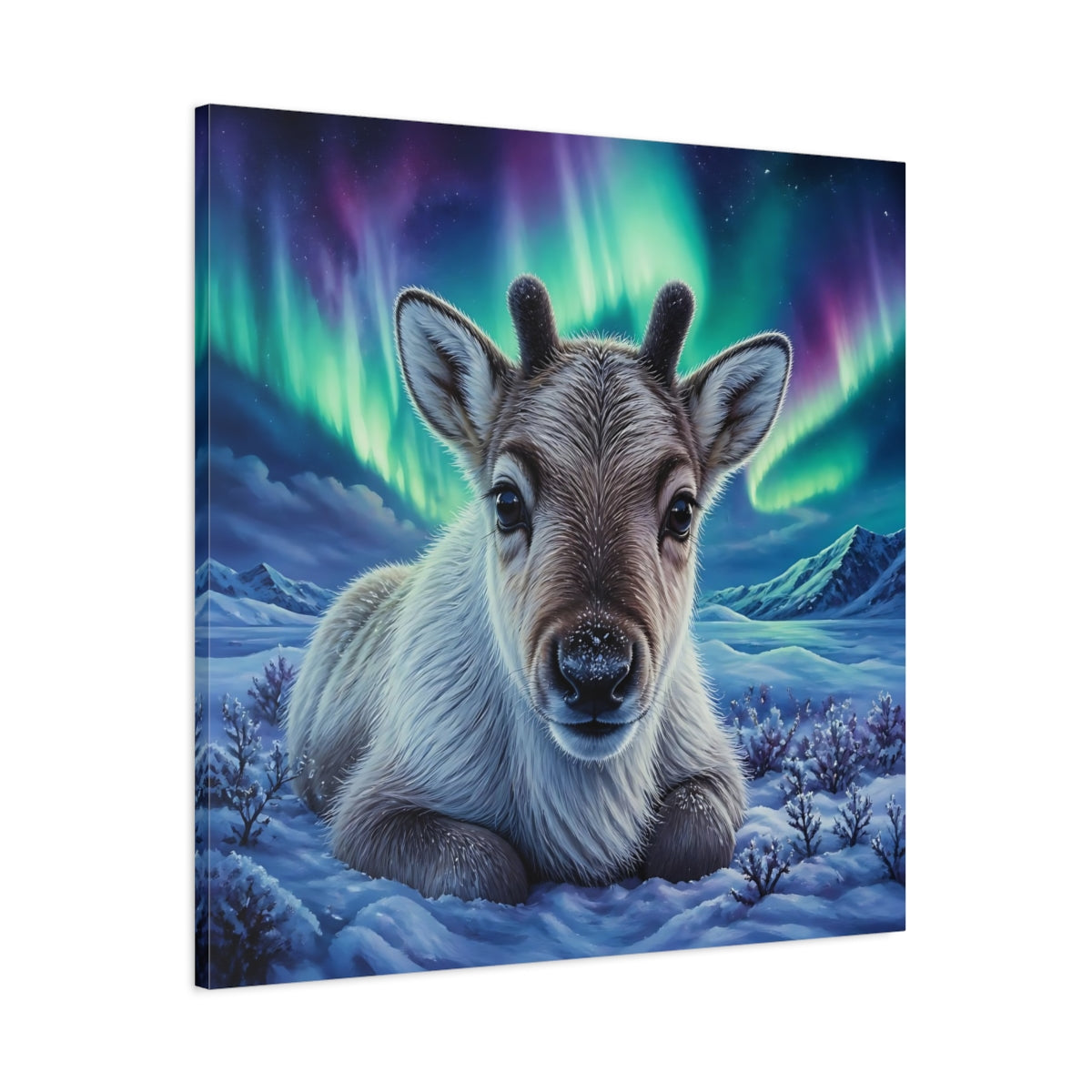Main Mockup. Reindeer Calf Animal Portrait shown as canvas print
