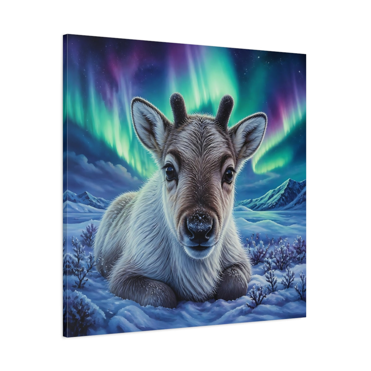 Side Mockup 1. Reindeer Calf Animal Portrait shown as canvas print