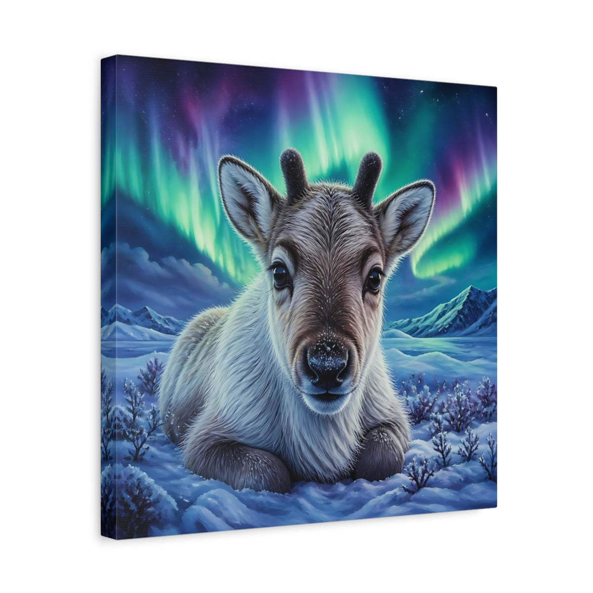 Side Mockup 6. Reindeer Calf Animal Portrait shown as canvas print