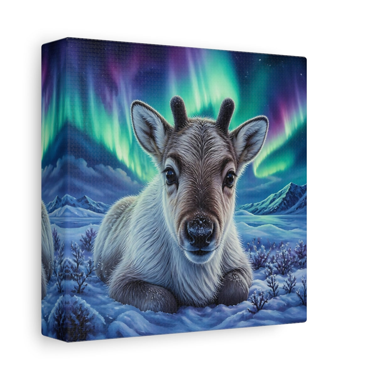 Side Mockup 2. Reindeer Calf Animal Portrait shown as canvas print