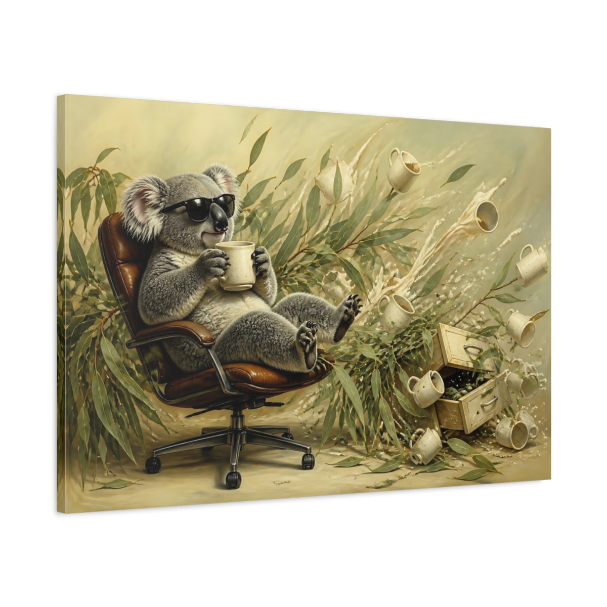 Main Mockup. Relaxing Koala With Mug shown as canvas print