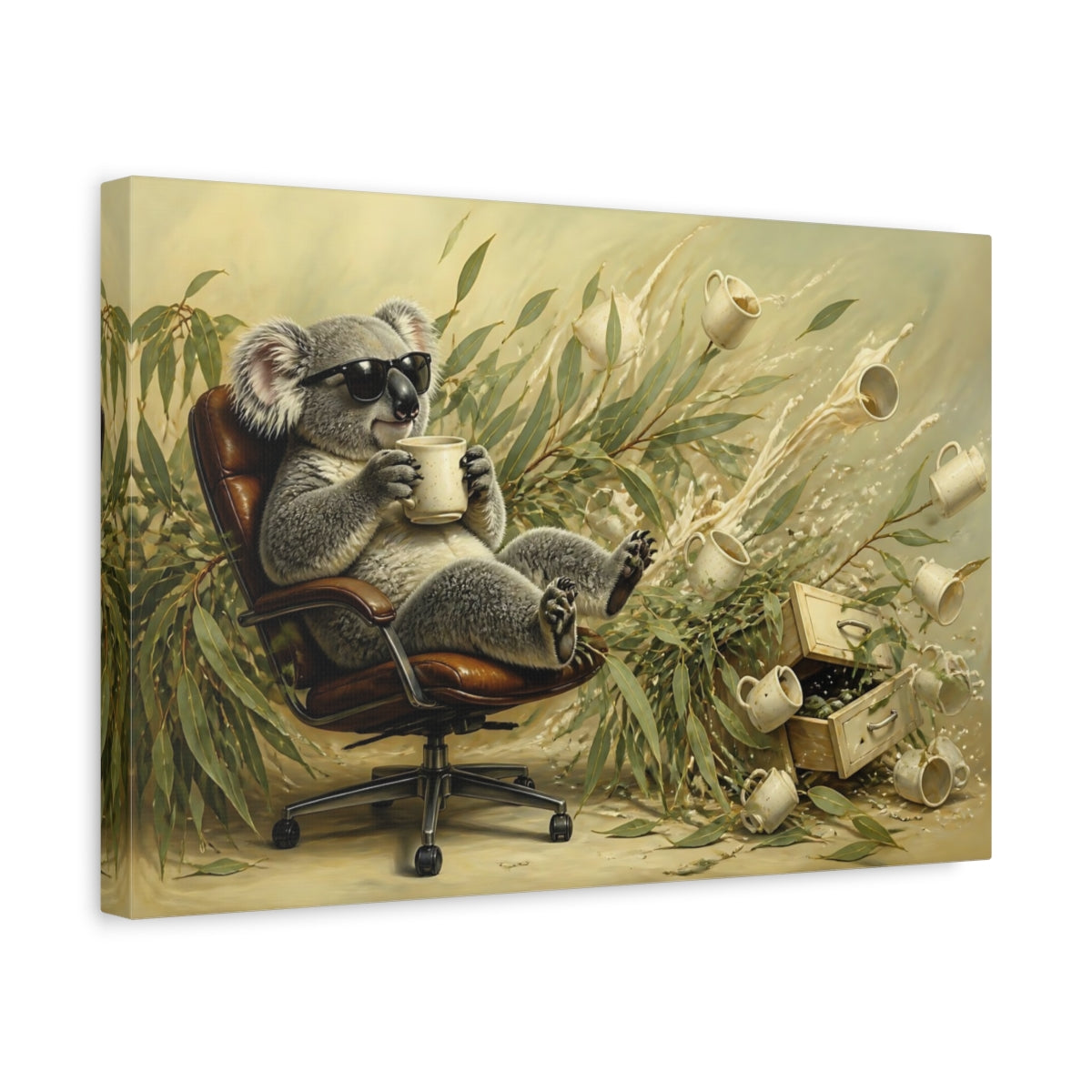 Side Mockup 4. Relaxing Koala With Mug shown as canvas print