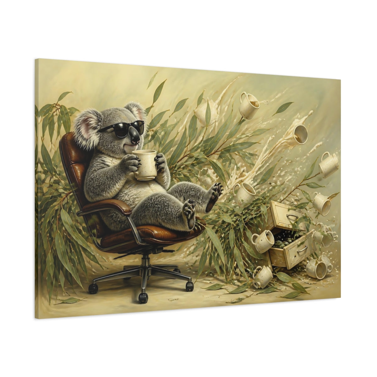 Side Mockup 1. Relaxing Koala With Mug shown as canvas print