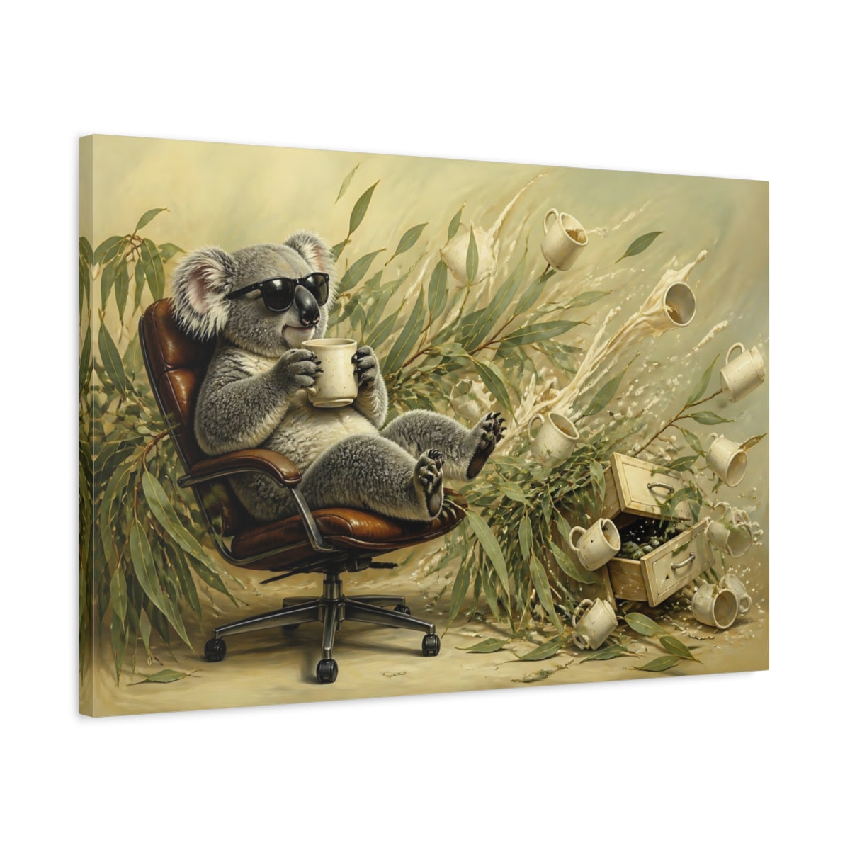 Side Mockup 2. Relaxing Koala With Mug shown as canvas print