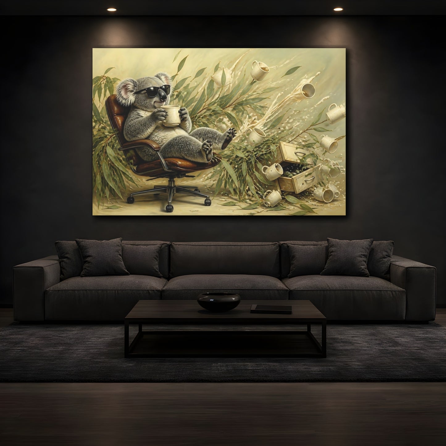 Mockup 3. Relaxing Koala With Mug shown as canvas print