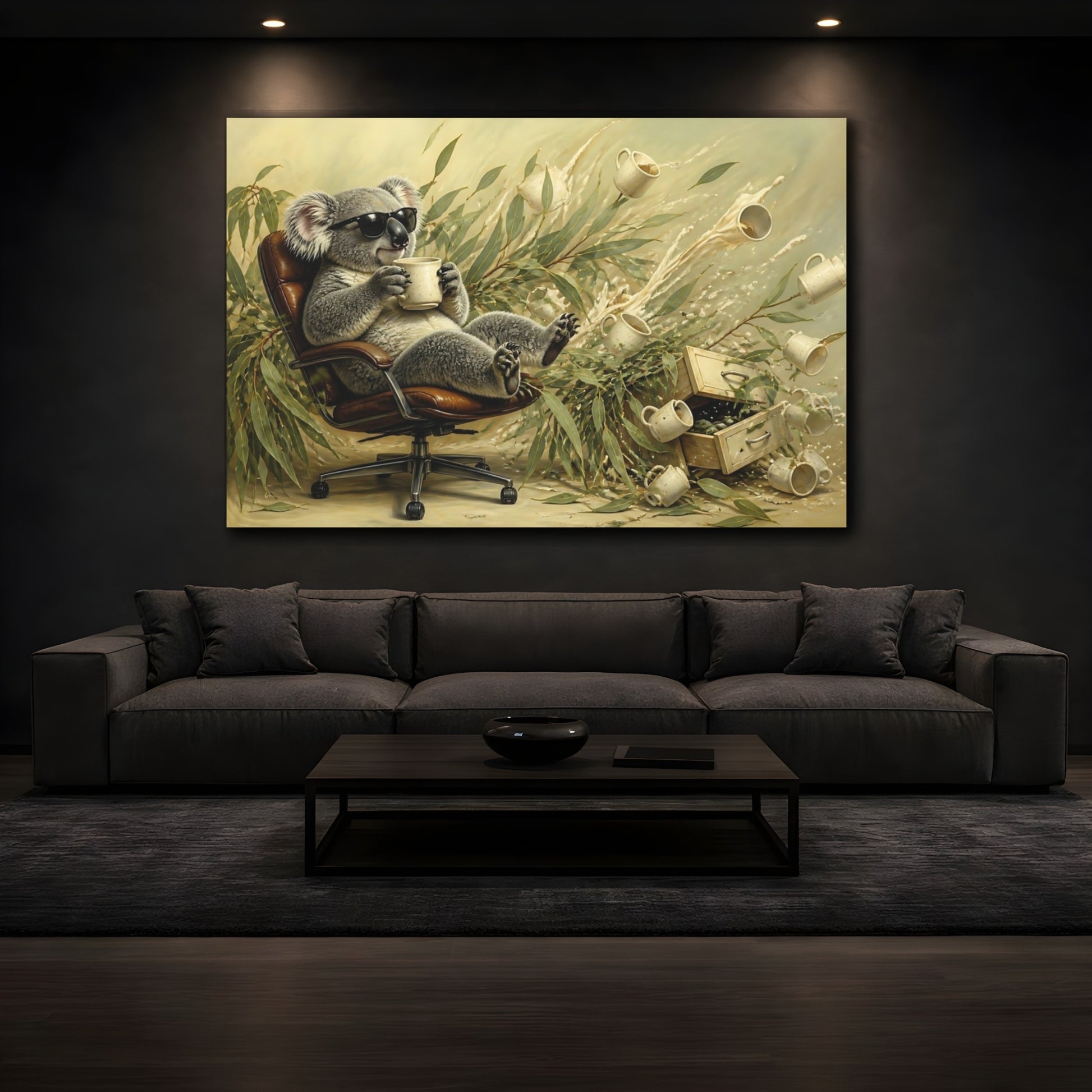 Mockup 3. Relaxing Koala With Mug shown as canvas print