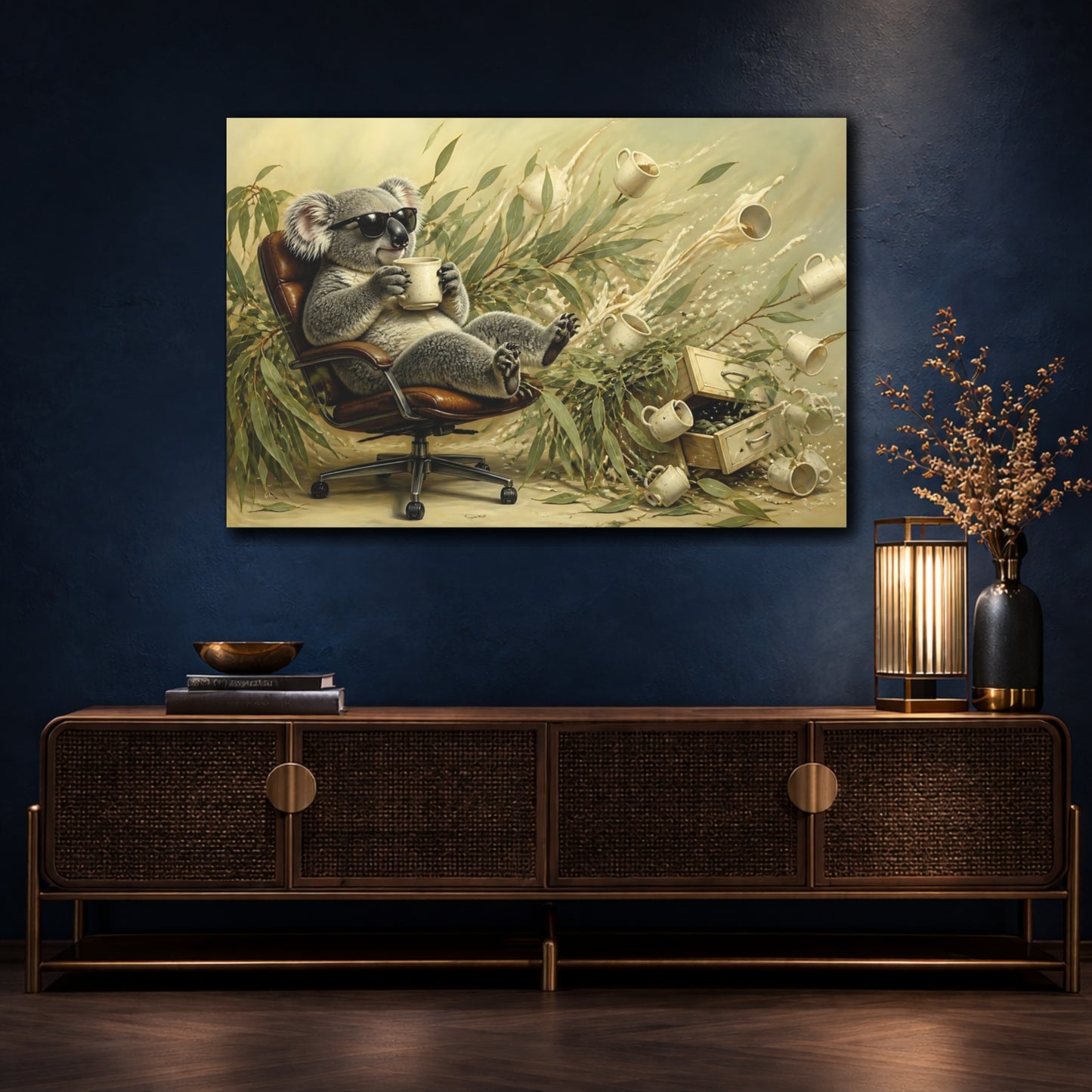 Mockup 4. Relaxing Koala With Mug shown as canvas print