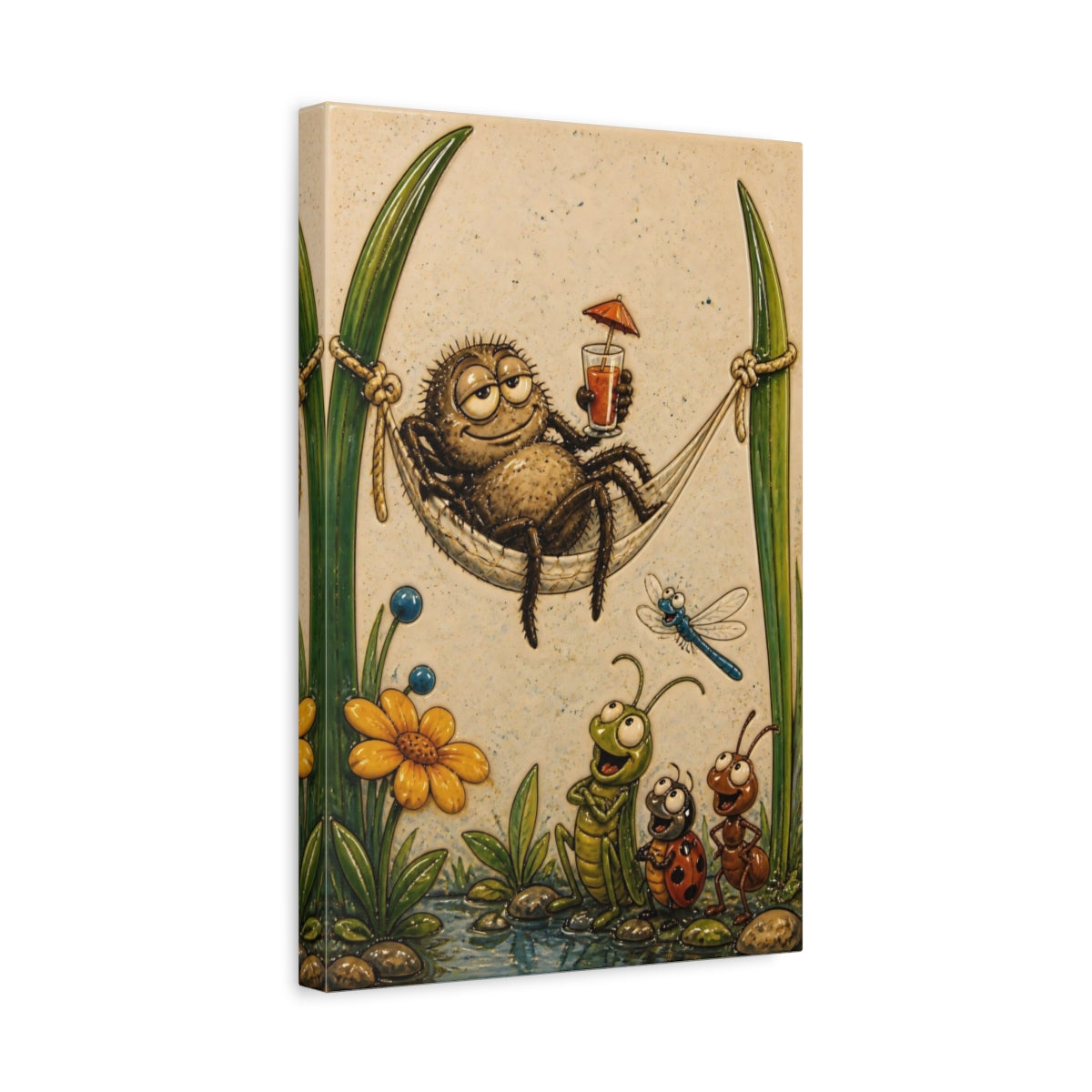Side Mockup 4. Relaxing Spider In Hammock shown as canvas print