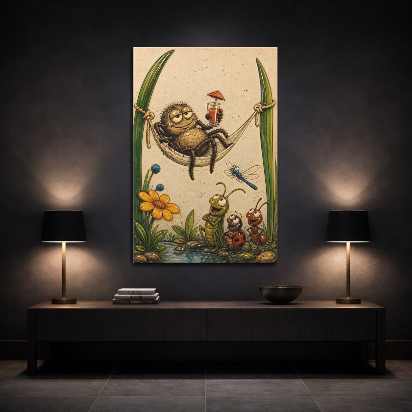 Mockup 3. Relaxing Spider In Hammock shown as canvas print