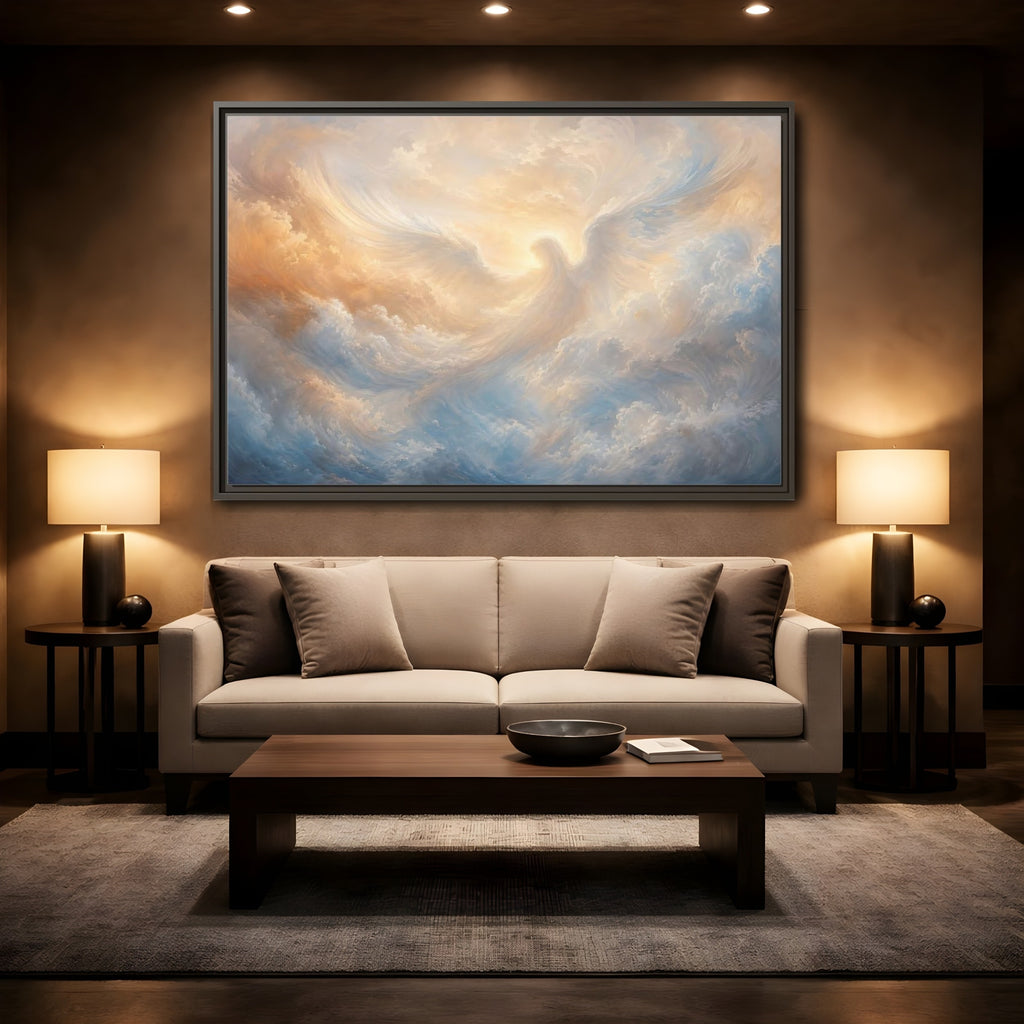 Mockup 2. Religious Angel Golden Blue Angel shown as stretched canvas wall art