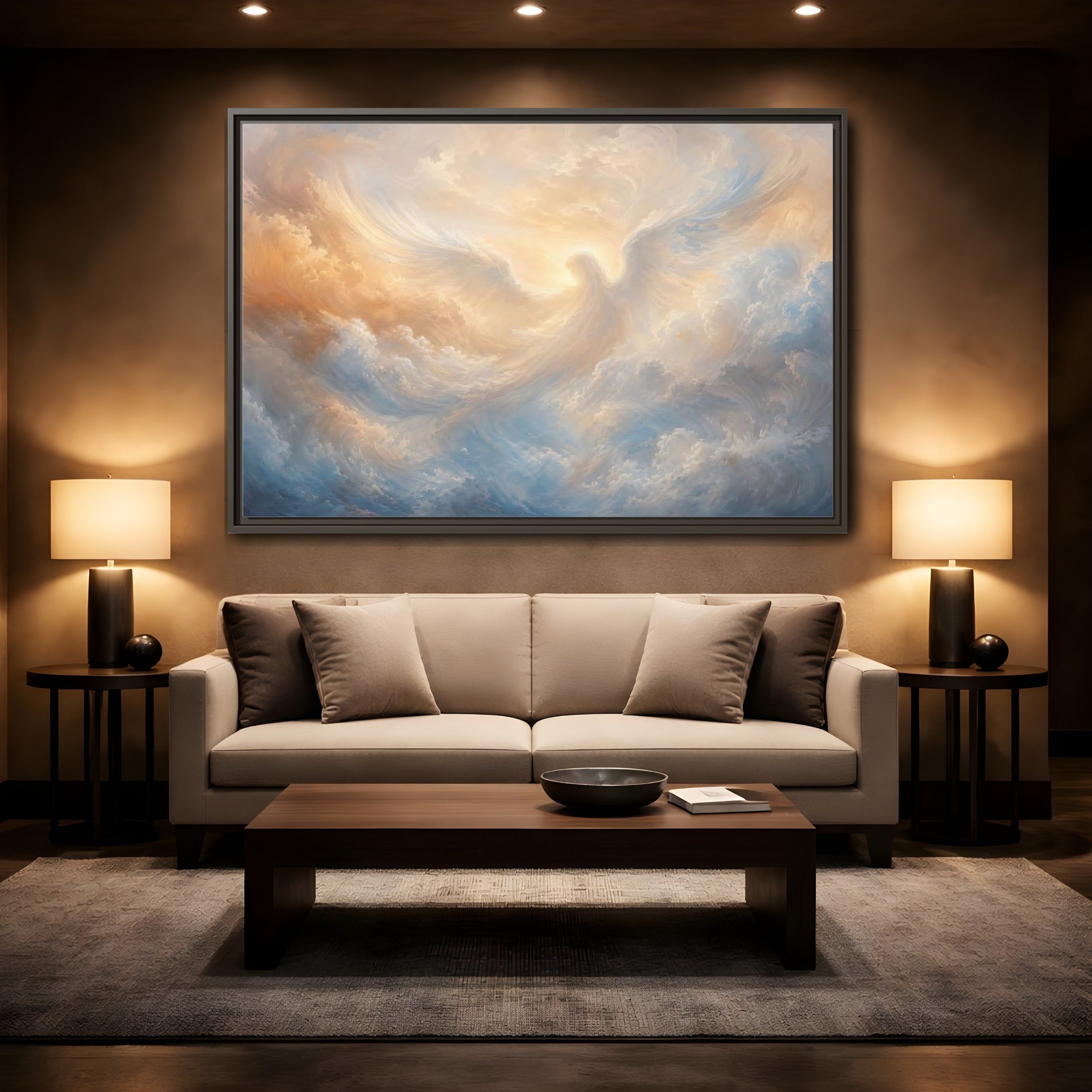 Mockup 2. Religious Angel Golden Blue Angel shown as stretched canvas wall art