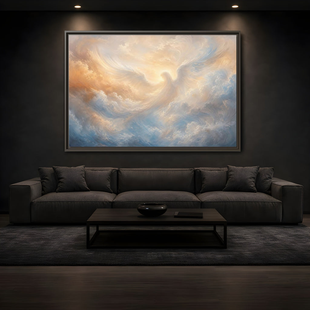 Mockup 3. Religious Angel Golden Blue Angel shown as stretched canvas wall art