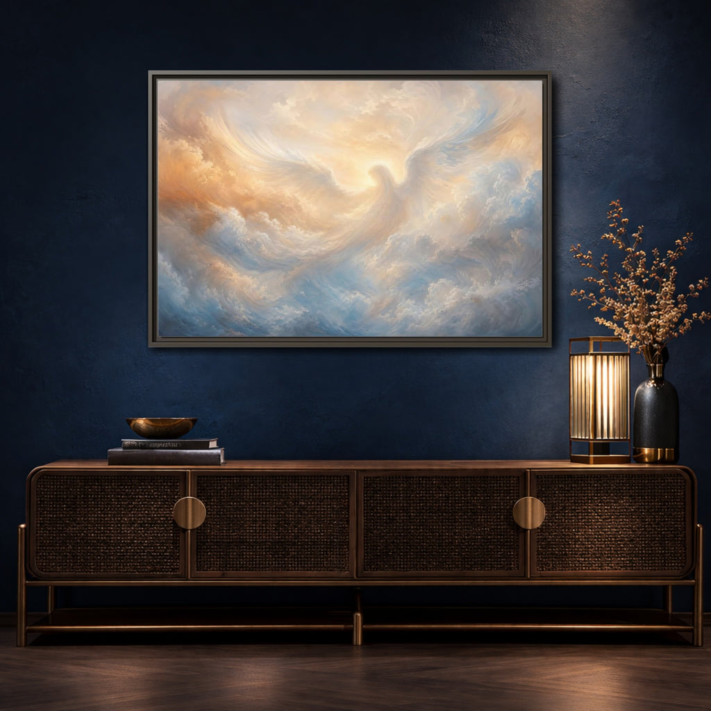 Mockup 4. Religious Angel Golden Blue Angel shown as stretched canvas wall art