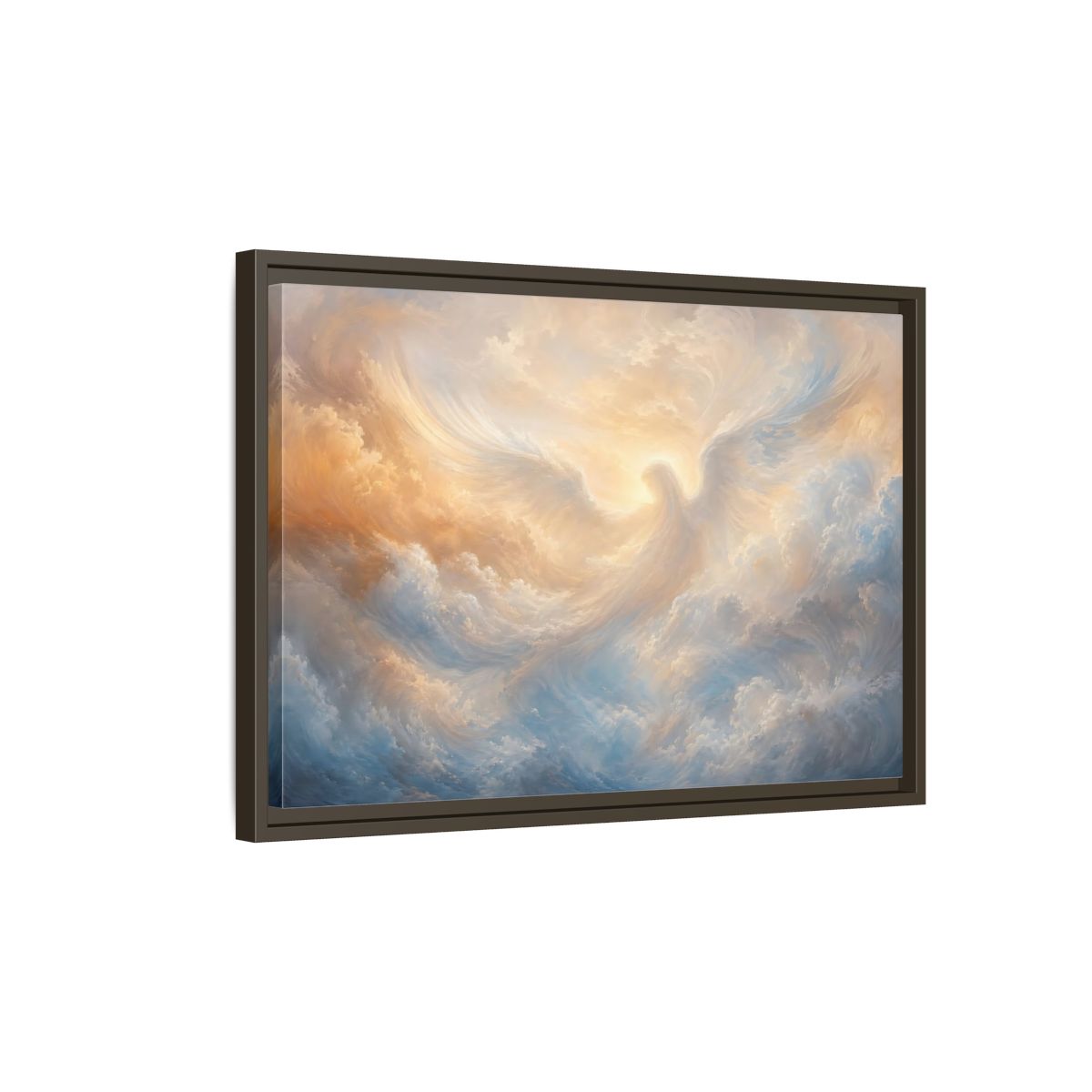 Side Mockup 2. Religious Angel Golden Blue Angel shown as stretched canvas wall art
