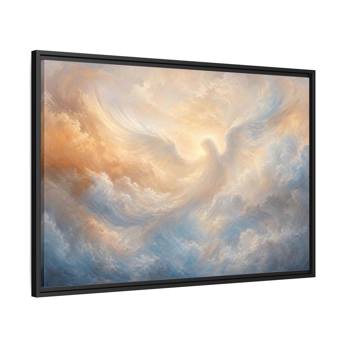 Side Mockup 13. Religious Angel Golden Blue Angel shown as stretched canvas wall art