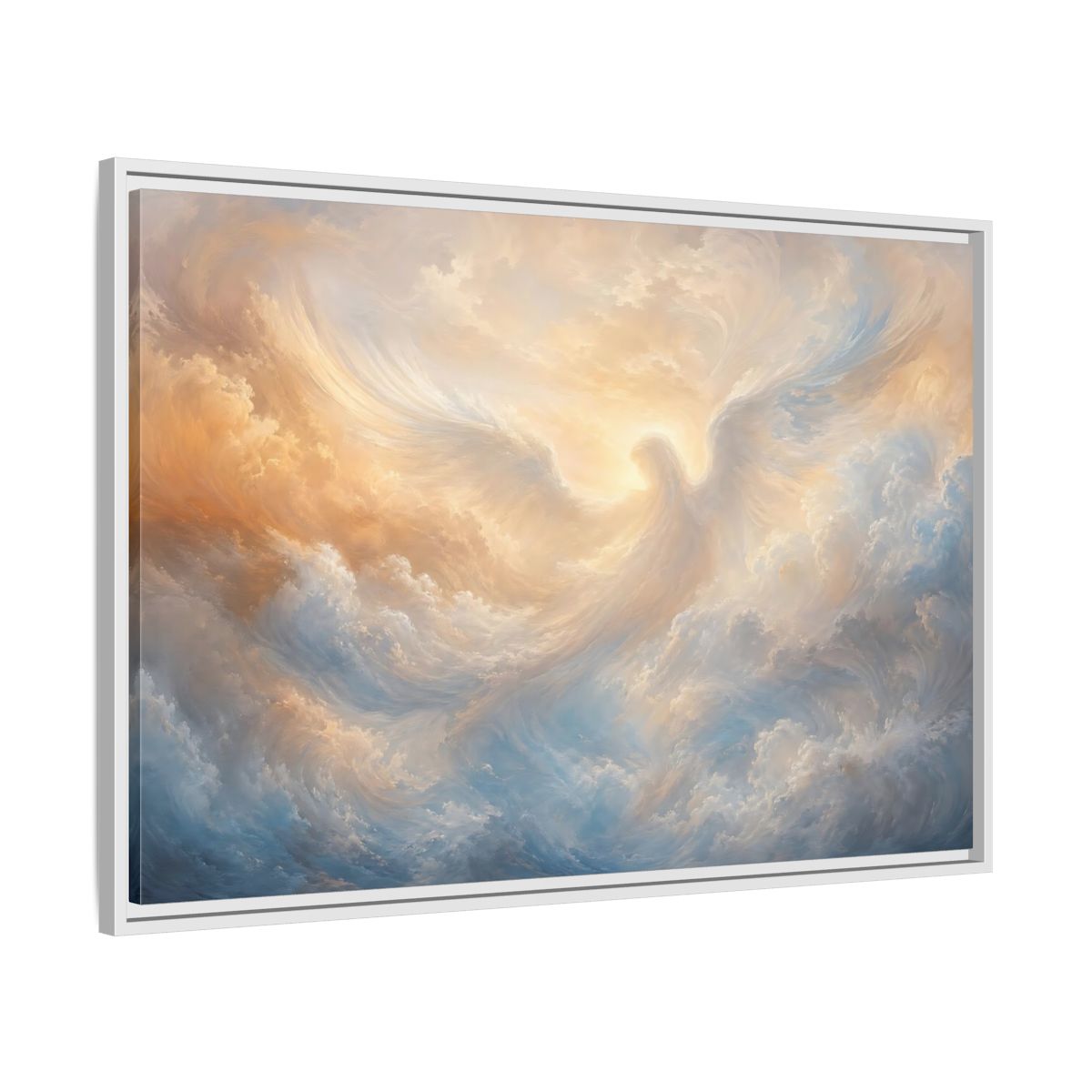 Side Mockup 9. Religious Angel Golden Blue Angel shown as stretched canvas wall art