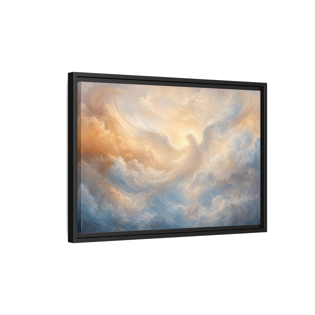 Side Mockup 3. Religious Angel Golden Blue Angel shown as stretched canvas wall art