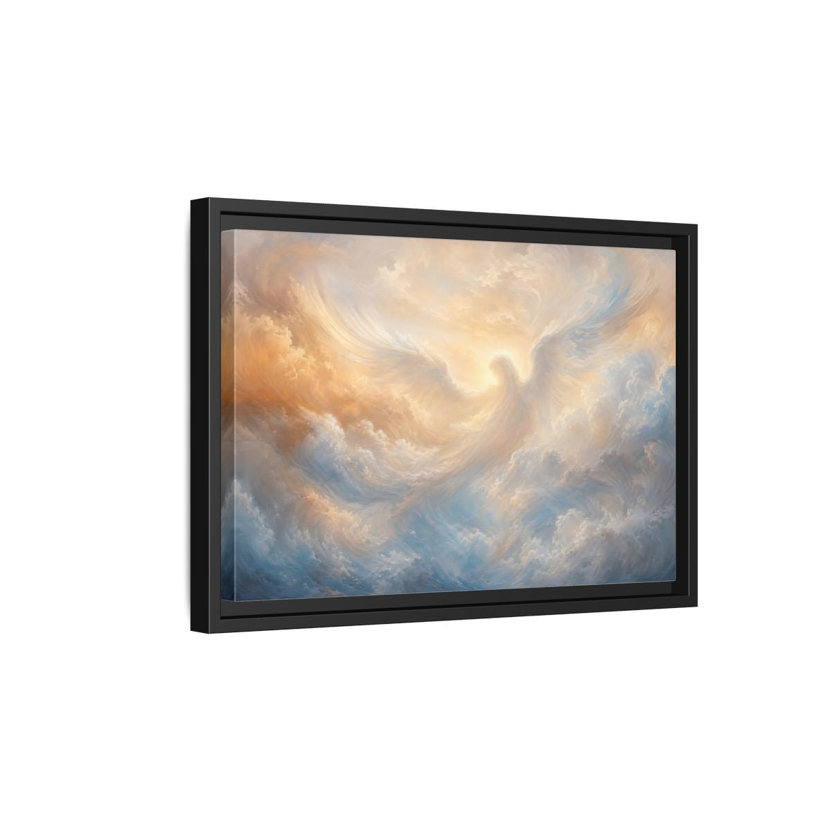 Side Mockup 6. Religious Angel Golden Blue Angel shown as stretched canvas wall art