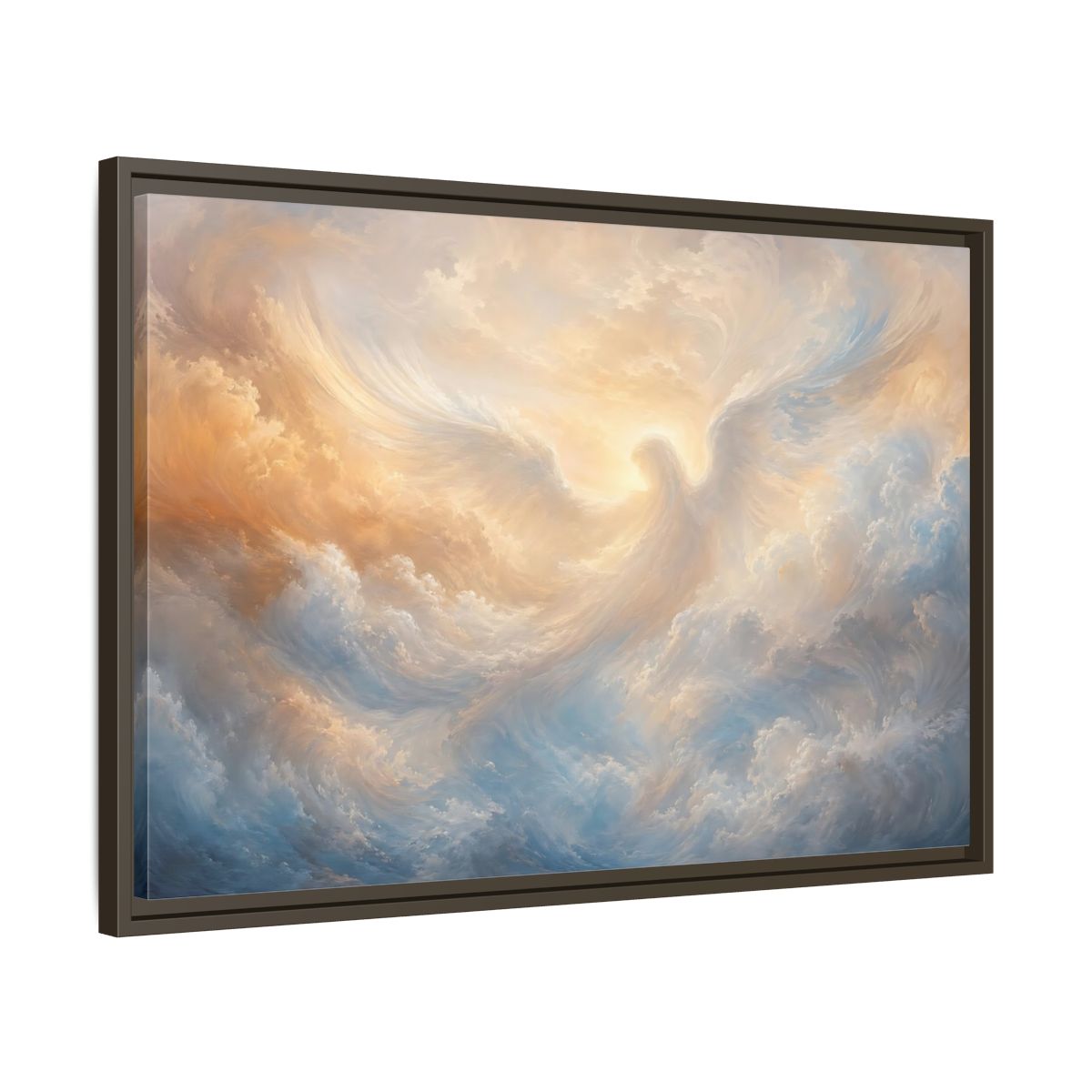 Side Mockup 11. Religious Angel Golden Blue Angel shown as stretched canvas wall art