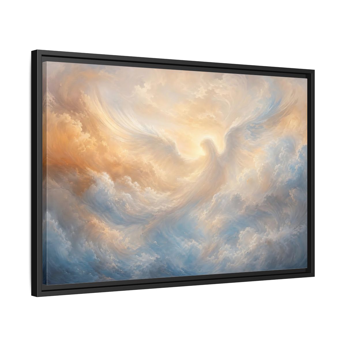 Side Mockup 14. Religious Angel Golden Blue Angel shown as stretched canvas wall art