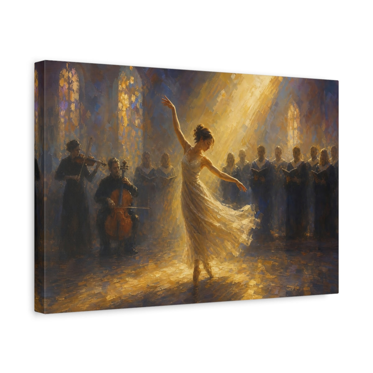 Side Mockup 4. Religious Dancer, Choir Golden Light Performance shown as canvas print