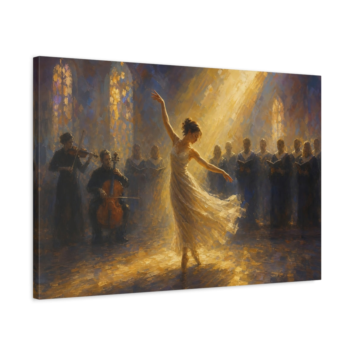 Side Mockup 2. Religious Dancer, Choir Golden Light Performance shown as canvas print