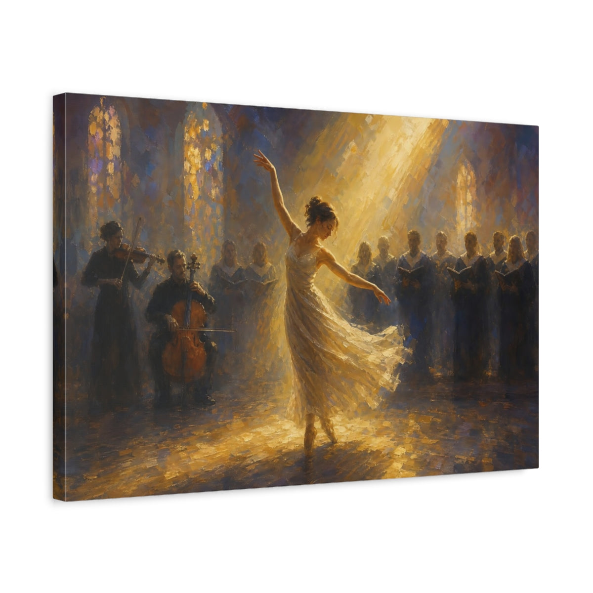 Side Mockup 3. Religious Dancer, Choir Golden Light Performance shown as canvas print