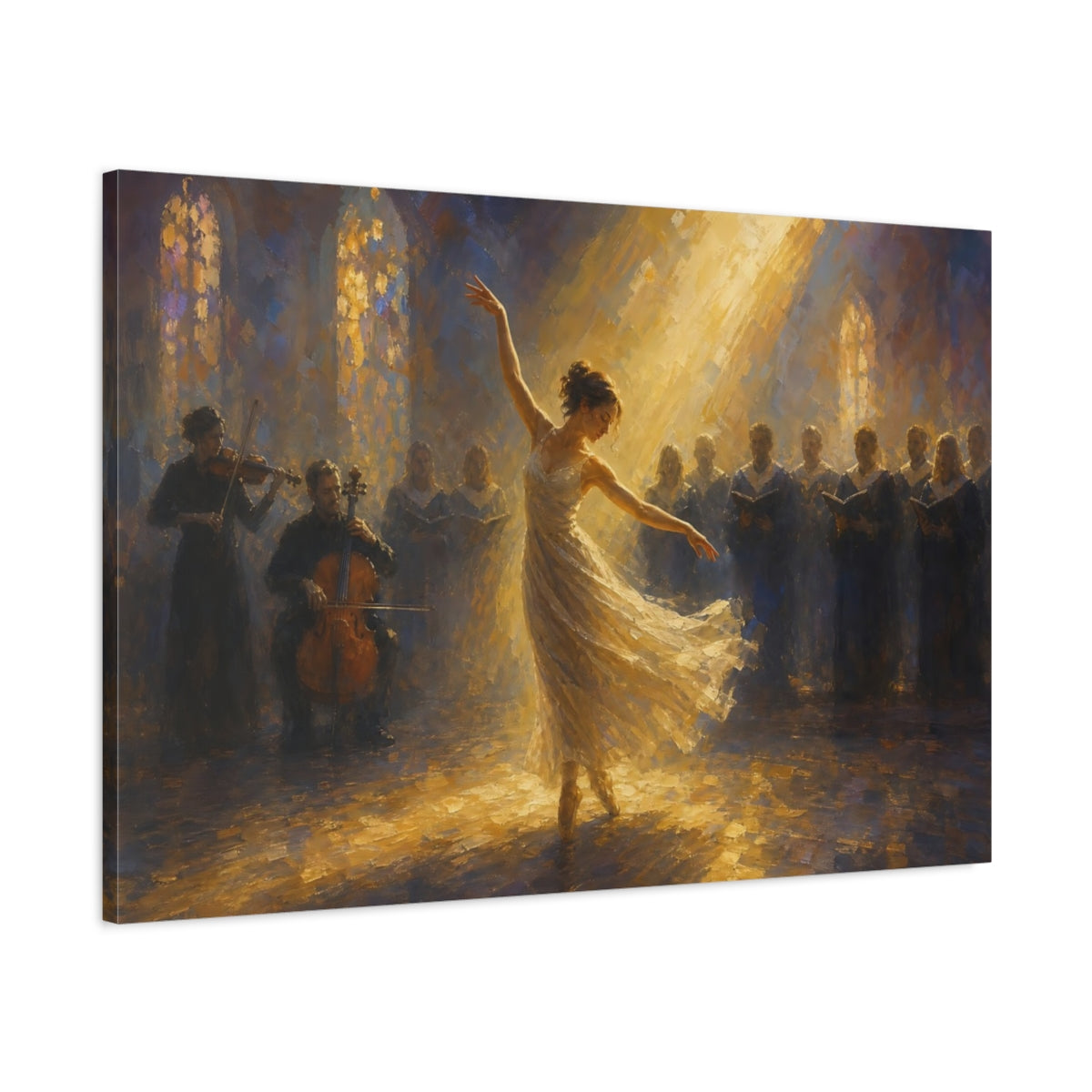 Main Mockup. Religious Dancer, Choir Golden Light Performance shown as canvas print