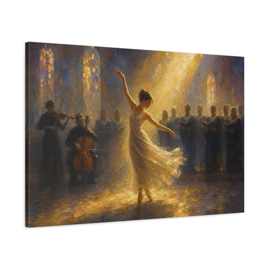 Main Mockup. Religious Dancer, Choir Golden Light Performance shown as canvas print