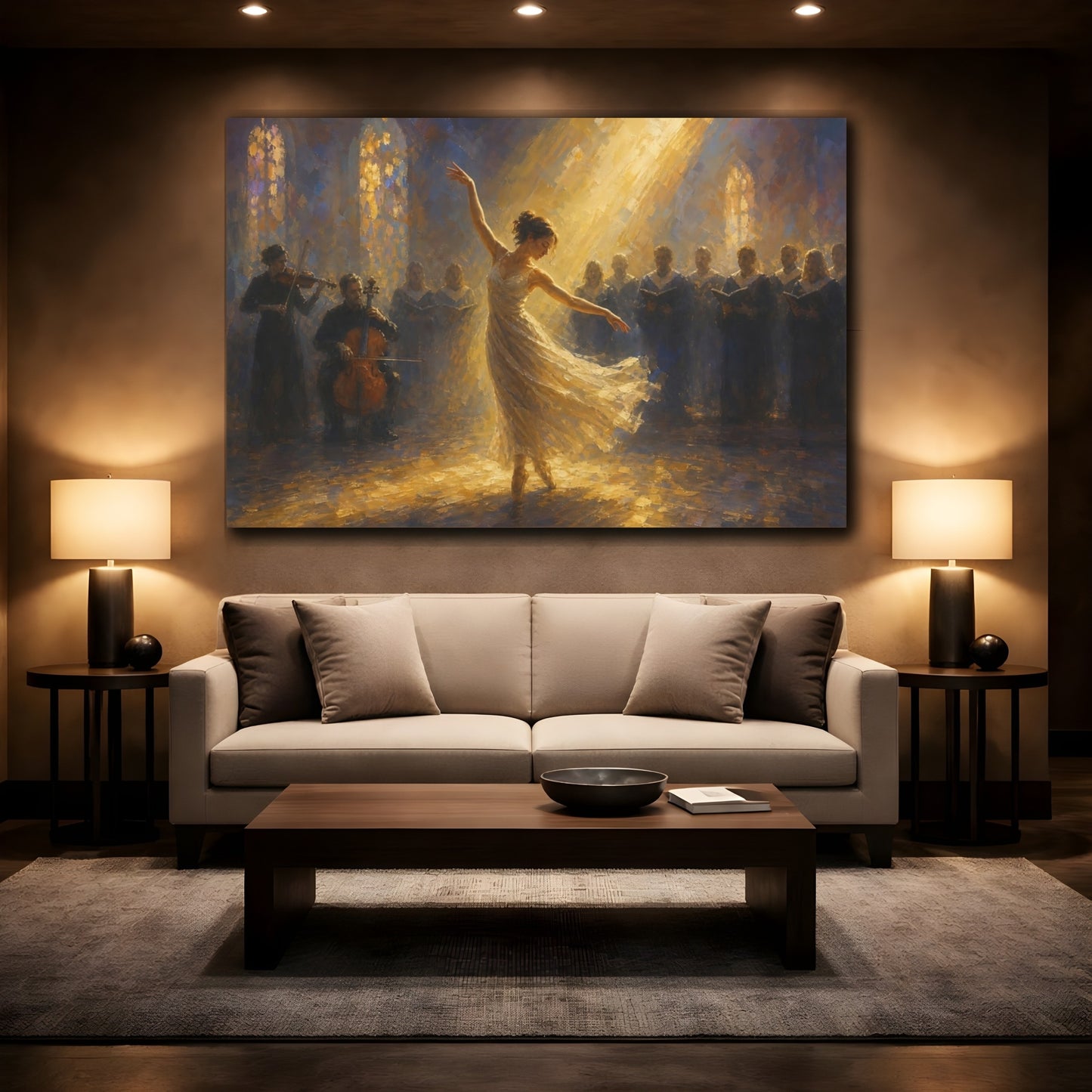 Mockup 2. Religious Dancer, Choir Golden Light Performance shown as canvas print