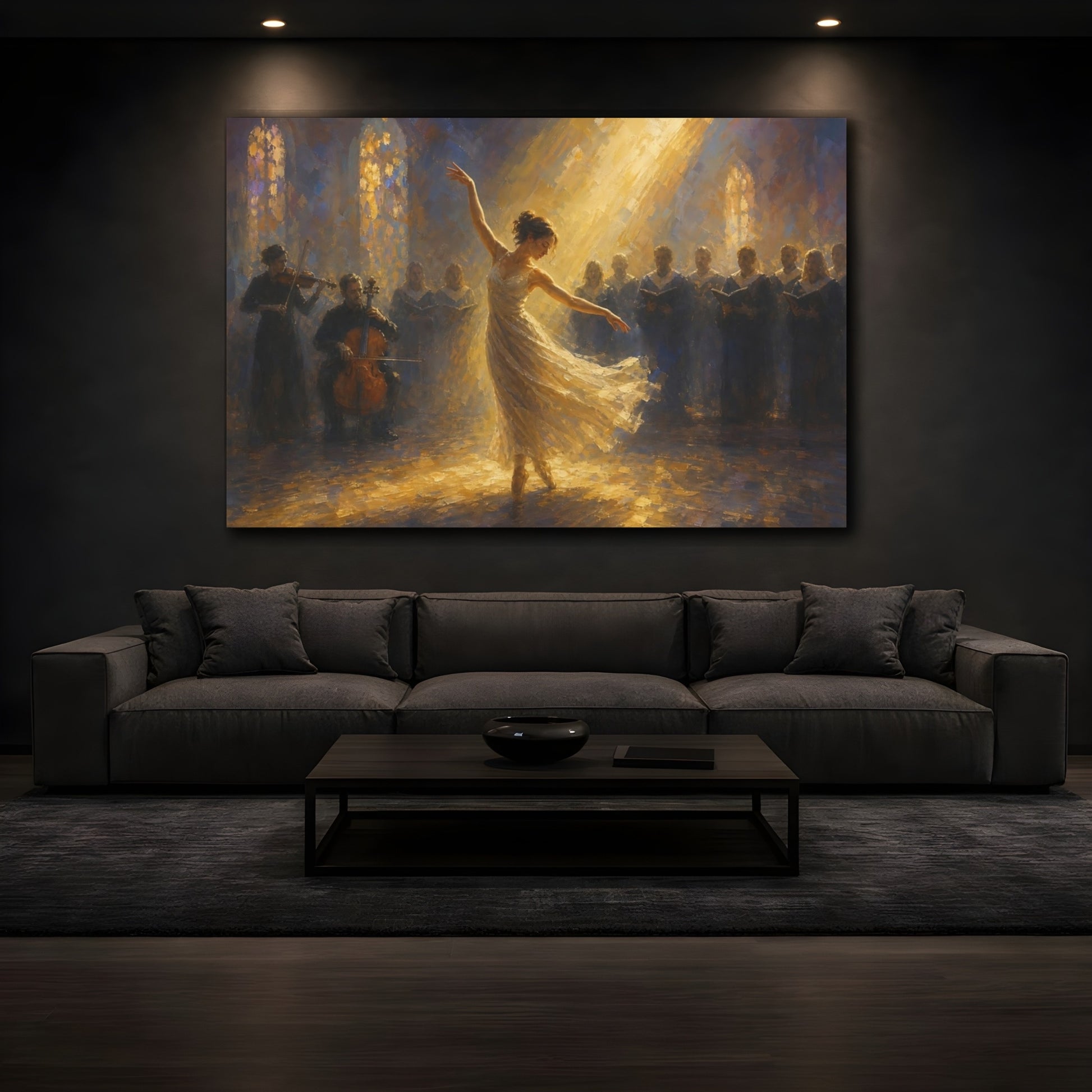 Mockup 3. Religious Dancer, Choir Golden Light Performance shown as canvas print