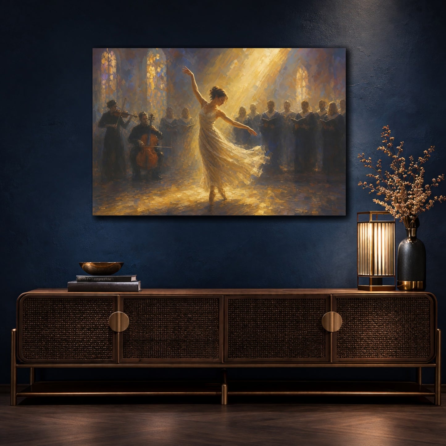 Mockup 4. Religious Dancer, Choir Golden Light Performance shown as canvas print
